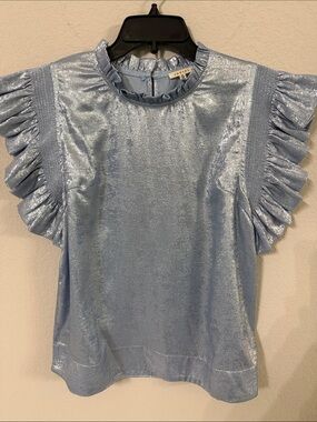 Jodifl Shimmery Powder Blue Ruffle Sleeve Blouse